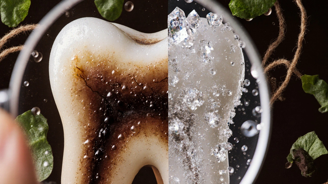 Zub pod zvětšovacím sklem: jedna strana znečištěná, druhá čistá a mineralizovaná.