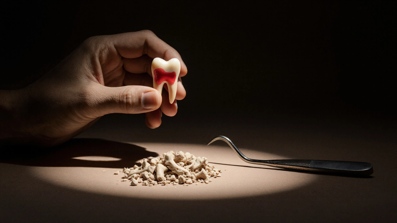 Zub vedle kostních zbytků – symbol výběru mezi prevencí a ztrátou.