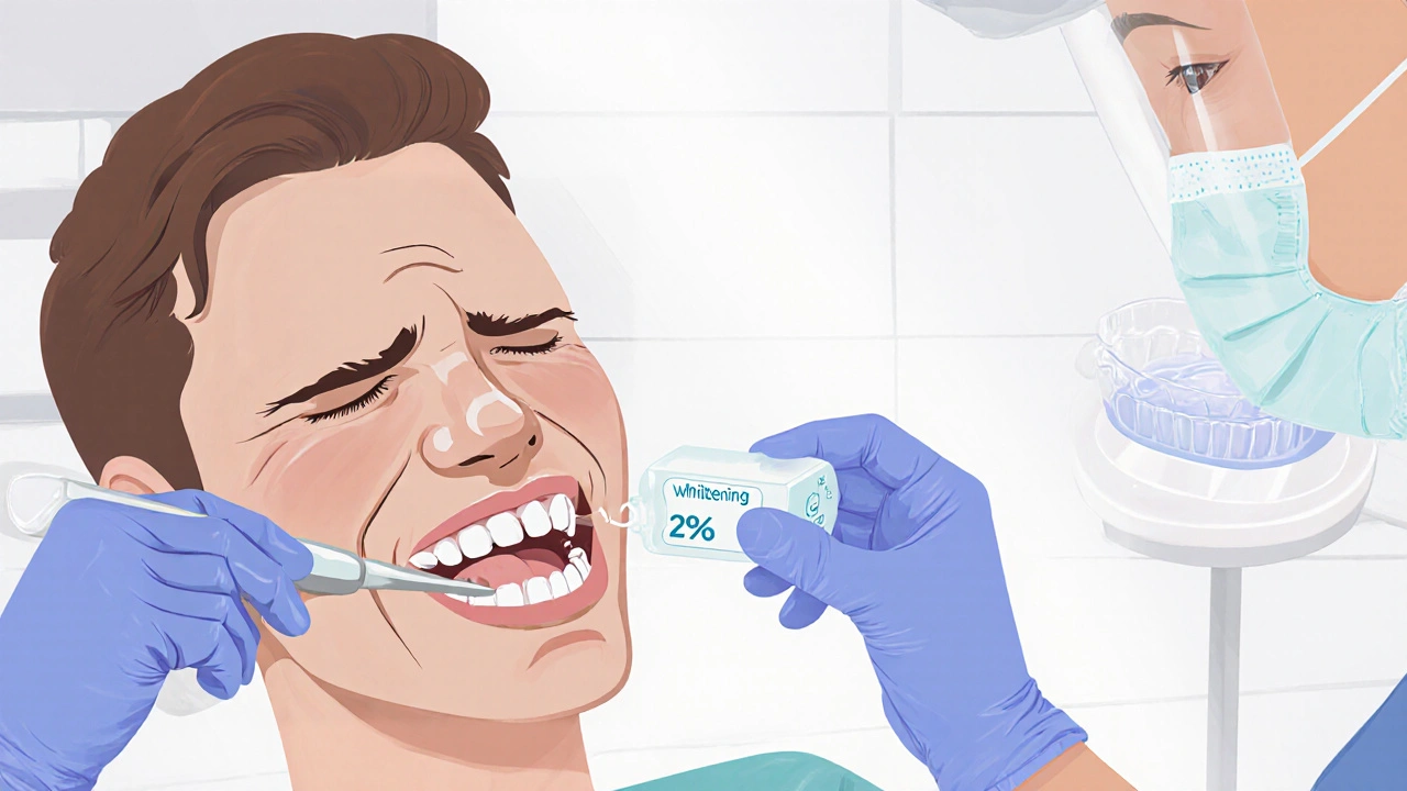 Zubař aplikuje ochranný gel během klinického bělení.