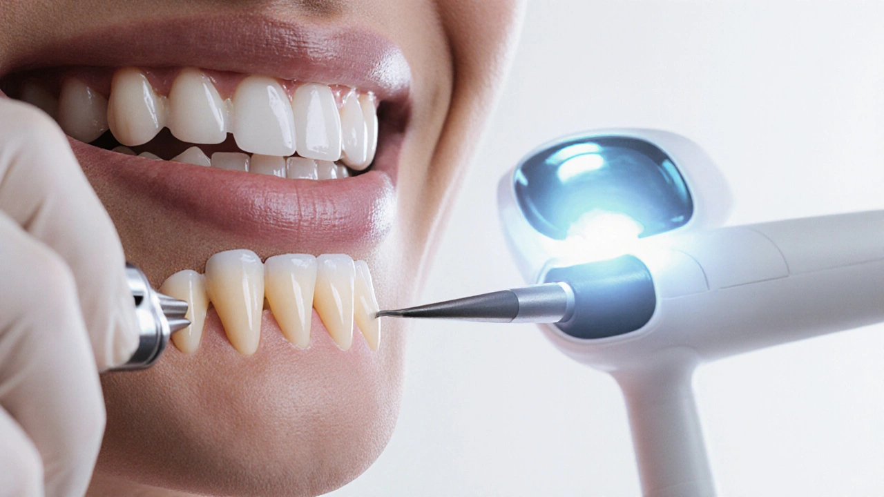 Zubař připevňuje tenkou keramickou fazetu na přední zub s digitálním skenerem na pozadí.