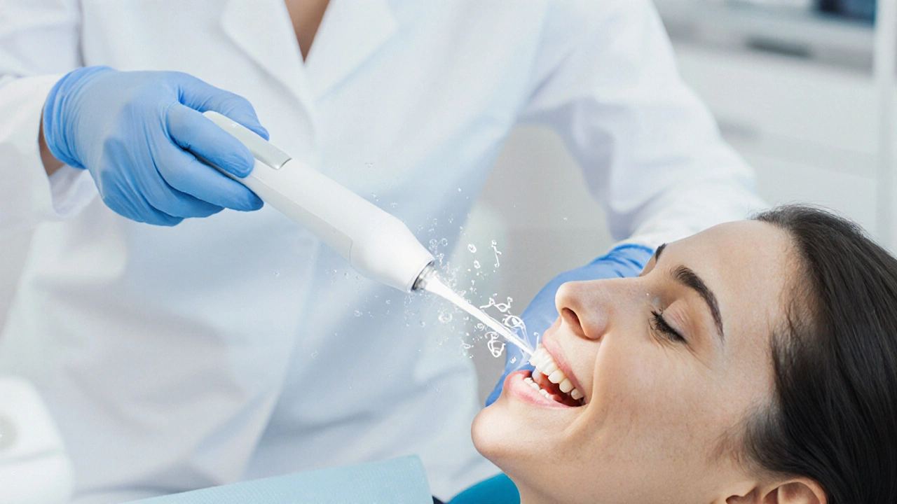 Zubní hygienička odstraňuje kámen ultrazvukovým nástrojem