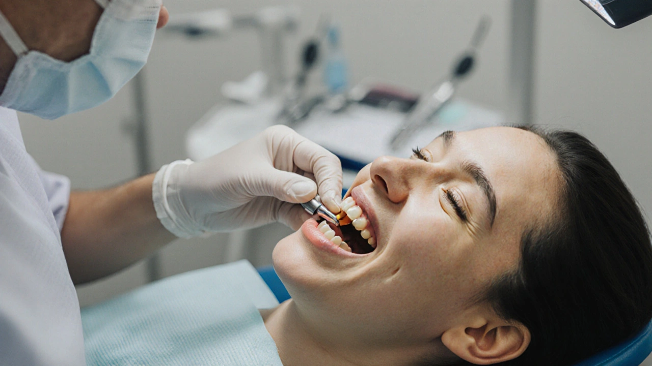 Zubní lékař odstraňuje černý zubní kámen ultrazvukovým skrabáním.