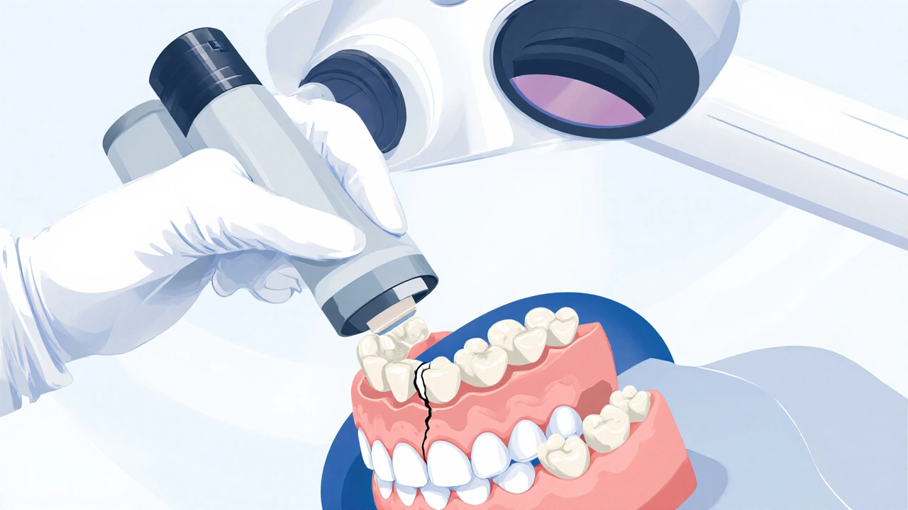 Zubní lékař opravuje prasklinu v keramickém zubu pomocí UV světla a kompozitního materiálu.