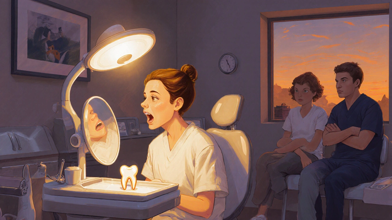 Zubní lékař vyšetřuje zlomený zub v klinice, pacient a dítě čekají.