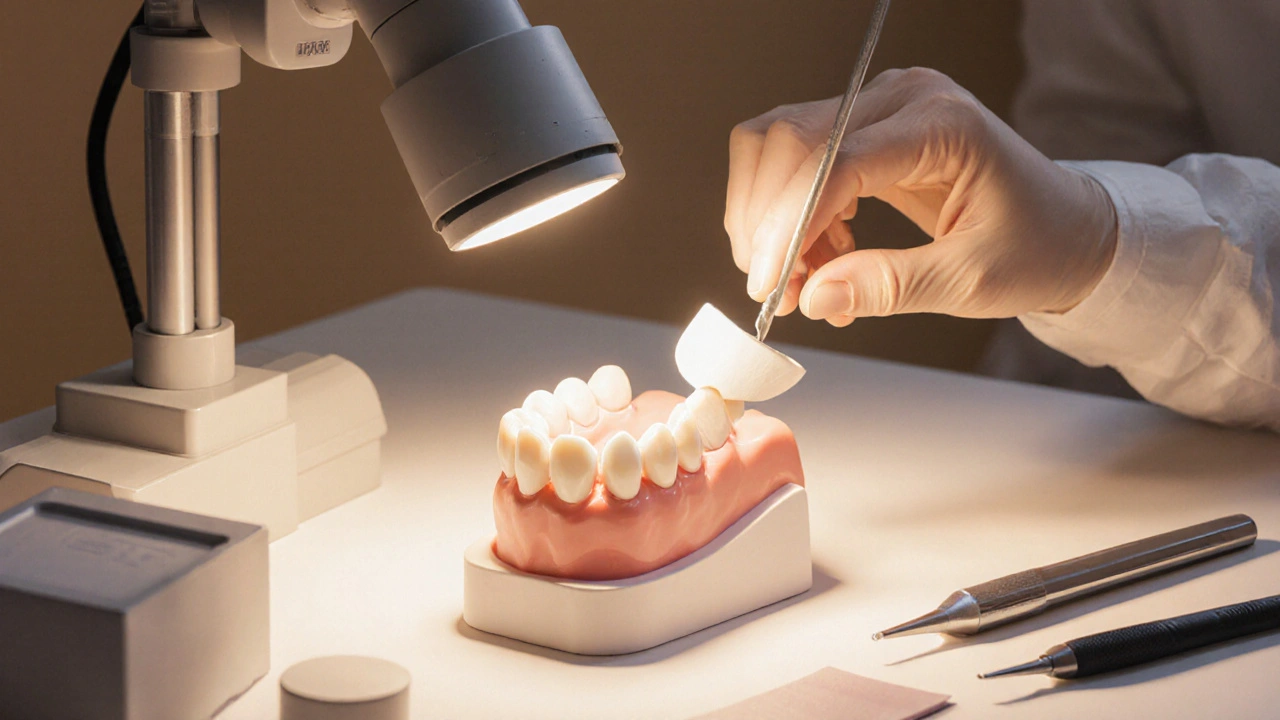 Zubní technik při přesné instalaci keramické fazety na model zubu
