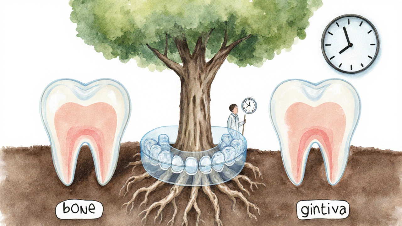 Zuby jako stromy s kořeny v dásních, upevněné průhledným držadlem, symbolizující stabilizaci.