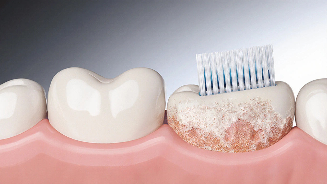 Zvětšený pohled na dásně: jemná štětina Curaprox odstraňuje plak bez poškození, zatímco hrubá štětina ho poškozuje.