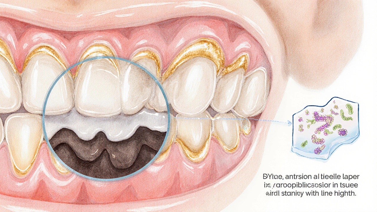 Zvětšený pohled na zub s plakem a hydroxyapatitem, který obnovuje sklovinu, s přirozenými bakteriemi.