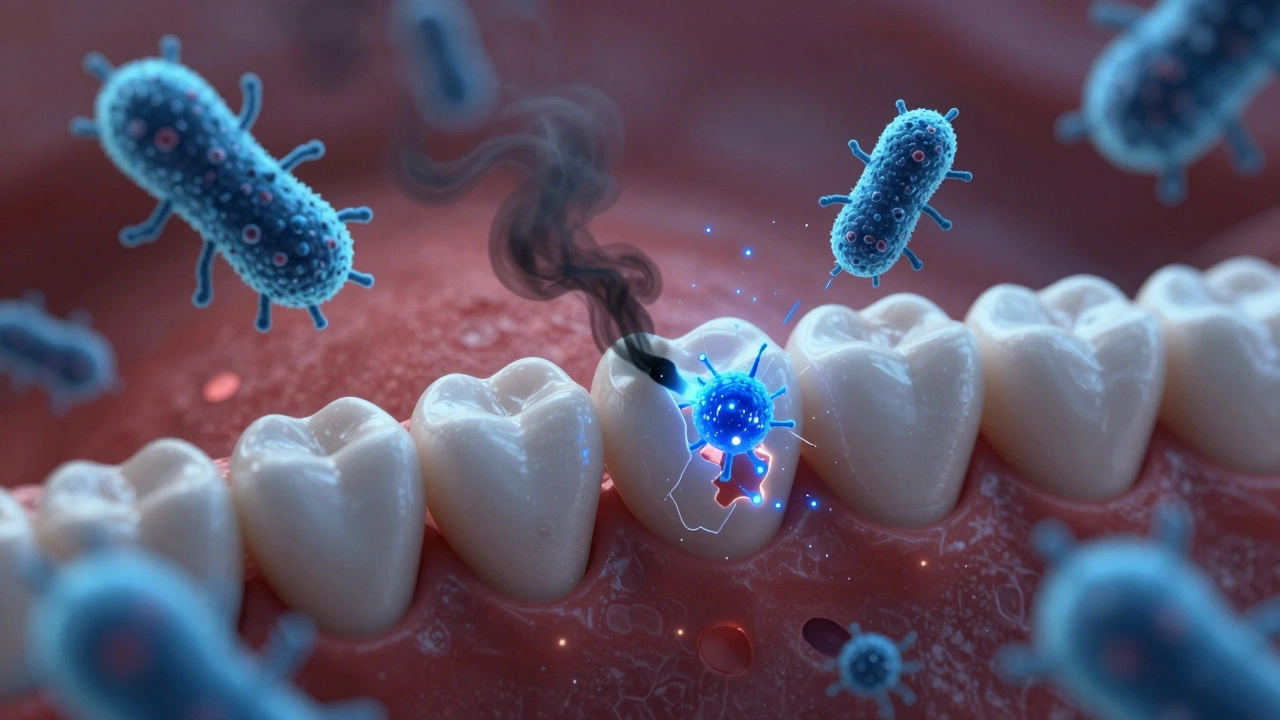 Abstraktní boj bakterií a fluoridu na povrchu zubu.