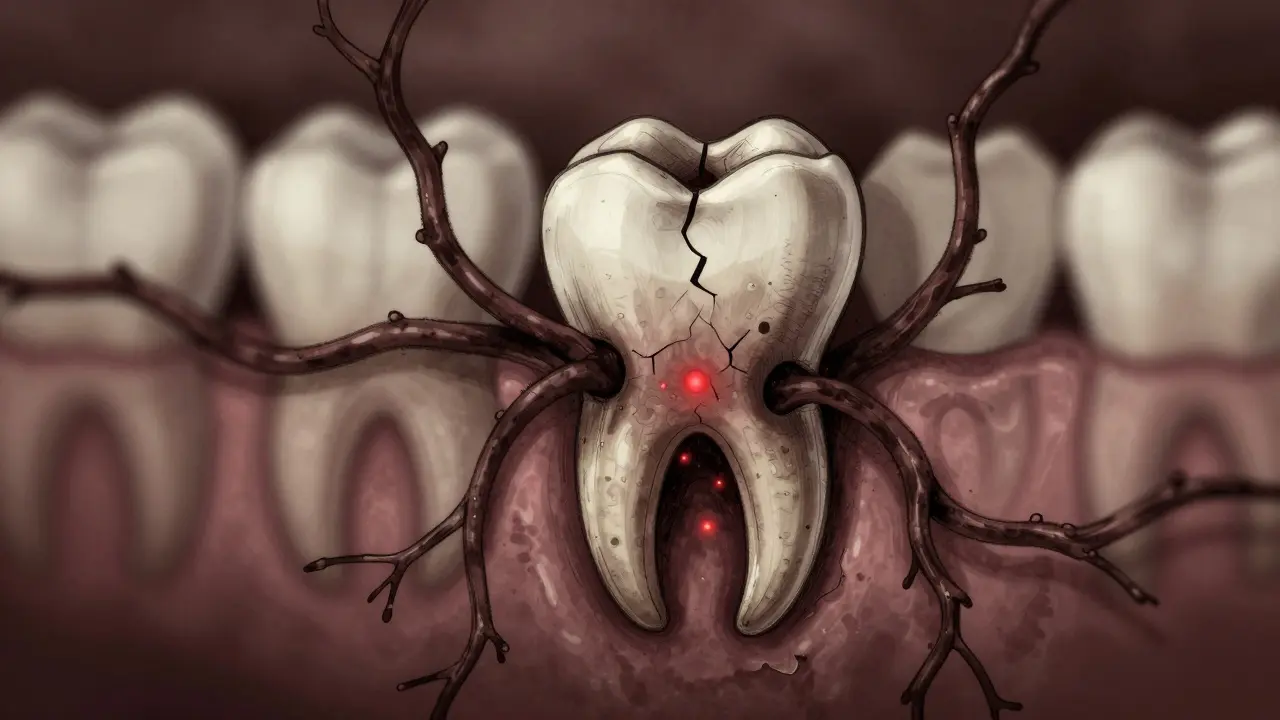 Bakterie jako temné větve šířící se z poškozeného zubu do čelistní kosti v inkovém stylu.
