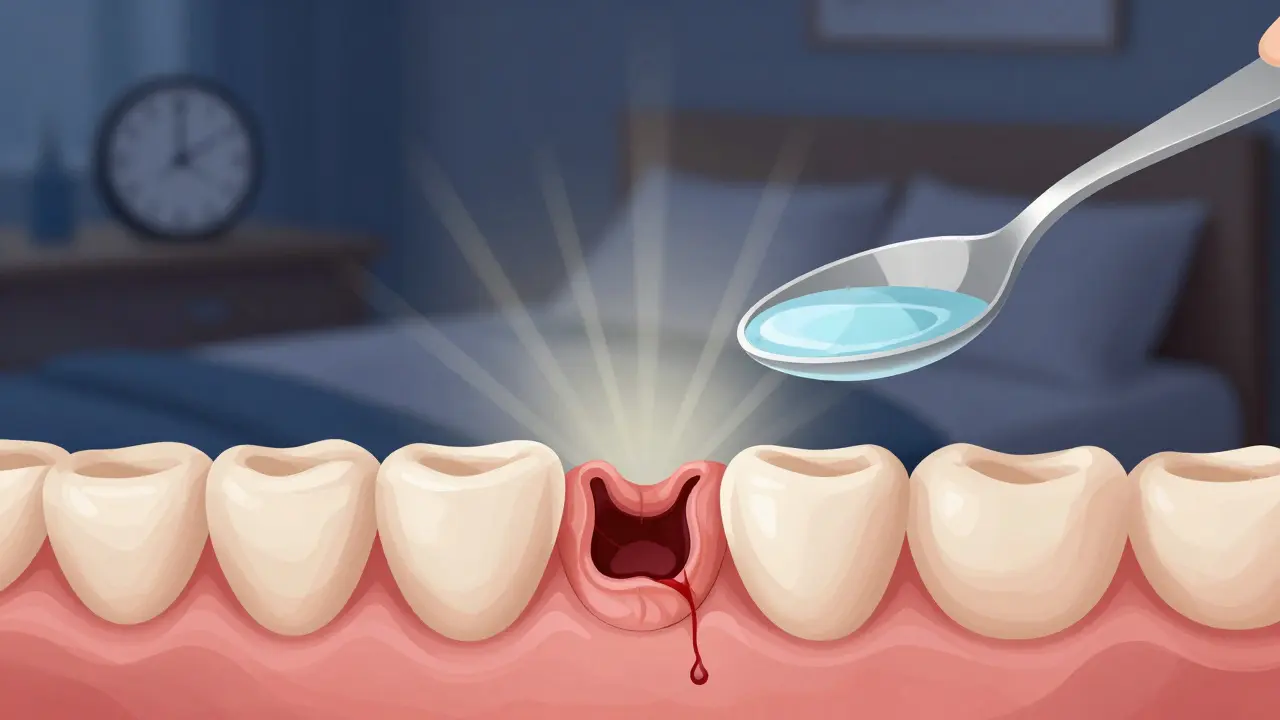 Blízký pohled na dásňovou ránu s krevní sraženinou a symbolickým světlem hojení.