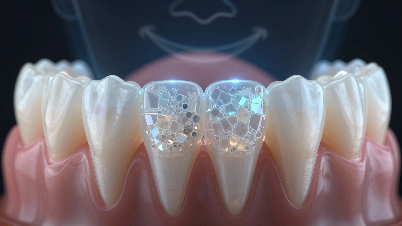 Close-up of composite material as a glowing mosaic mimicking tooth enamel under UV light.