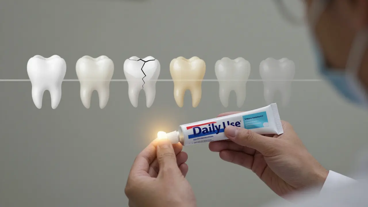 Člověk drží bělící pastu, zatímco jeho zuby postupně ztrácejí zdravý vzhled – v pozadí zubní lékař aplikuje léčbu.