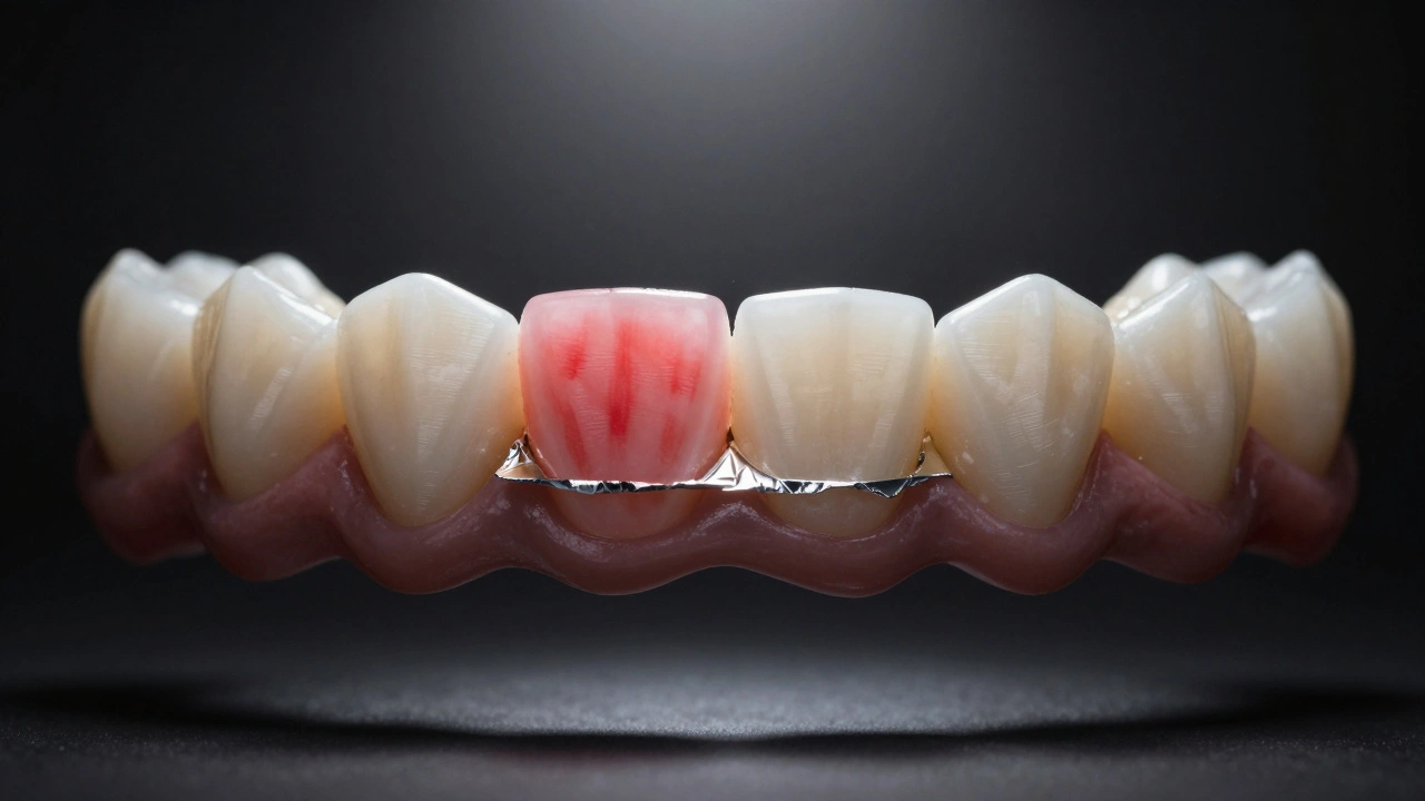Colored foil showing pressure marks on a tooth, symbolizing occlusal imbalance corrected by dentistry.