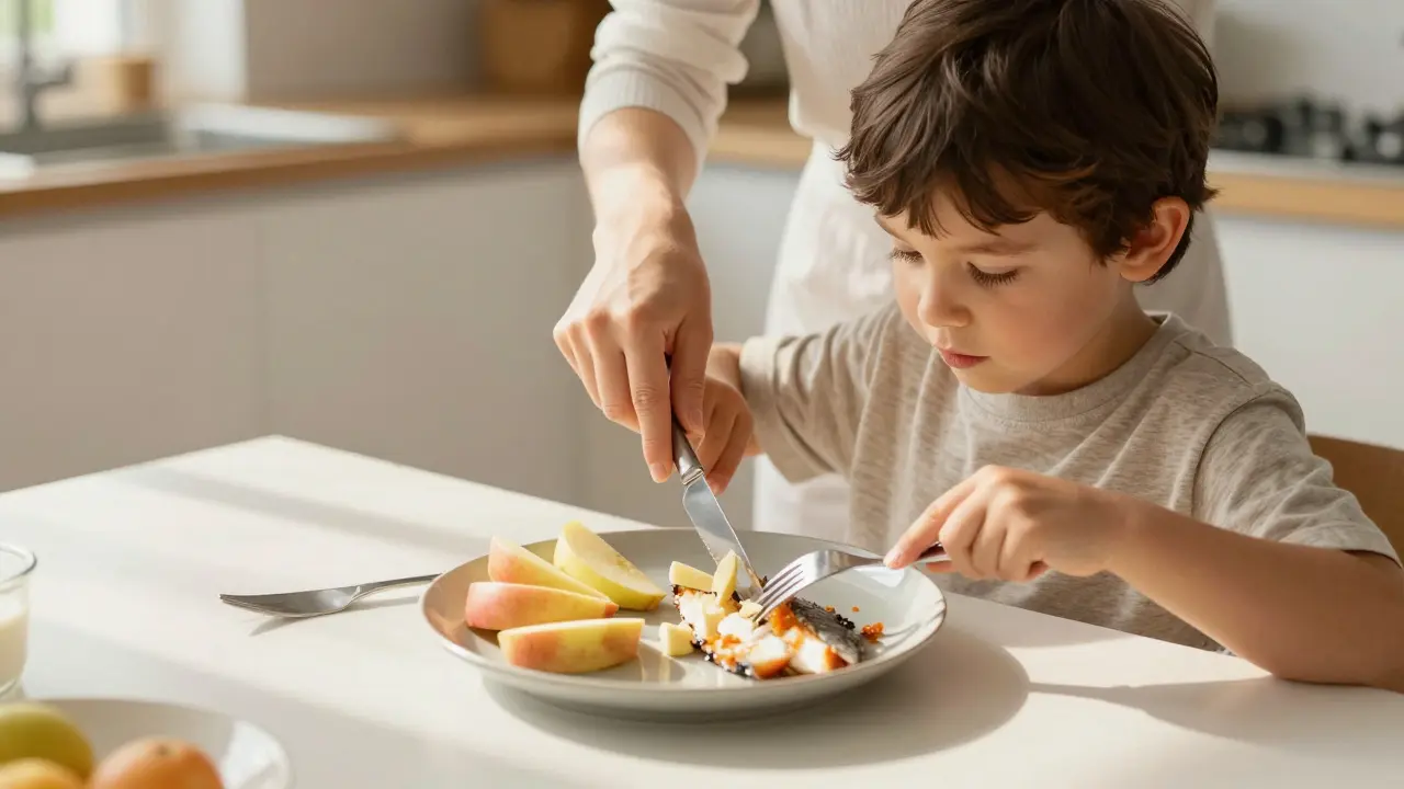 Dítě a dospělý společně rozdělují jídlo nůžkami a vidličkou před jídlem v kuchyni.