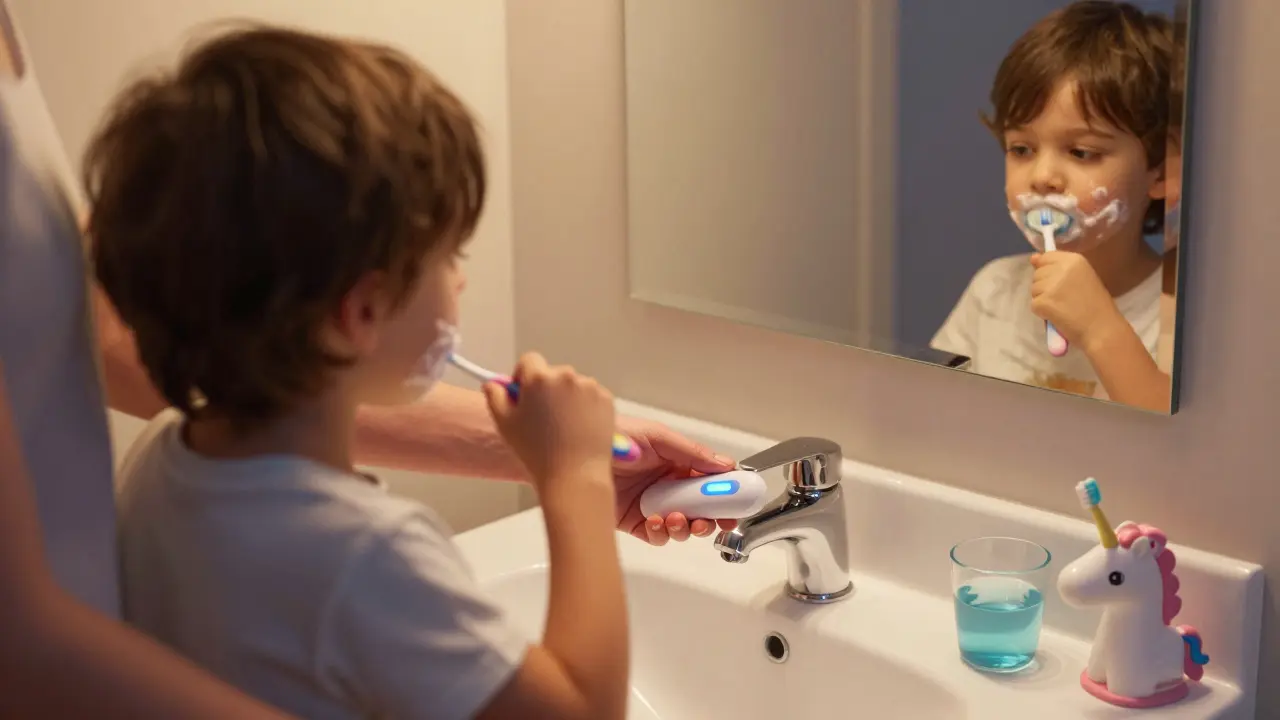 Dítě čistí si zuby večeře s rodičem, který ho pomáhá, v koupelně s barevným kartáčkem.