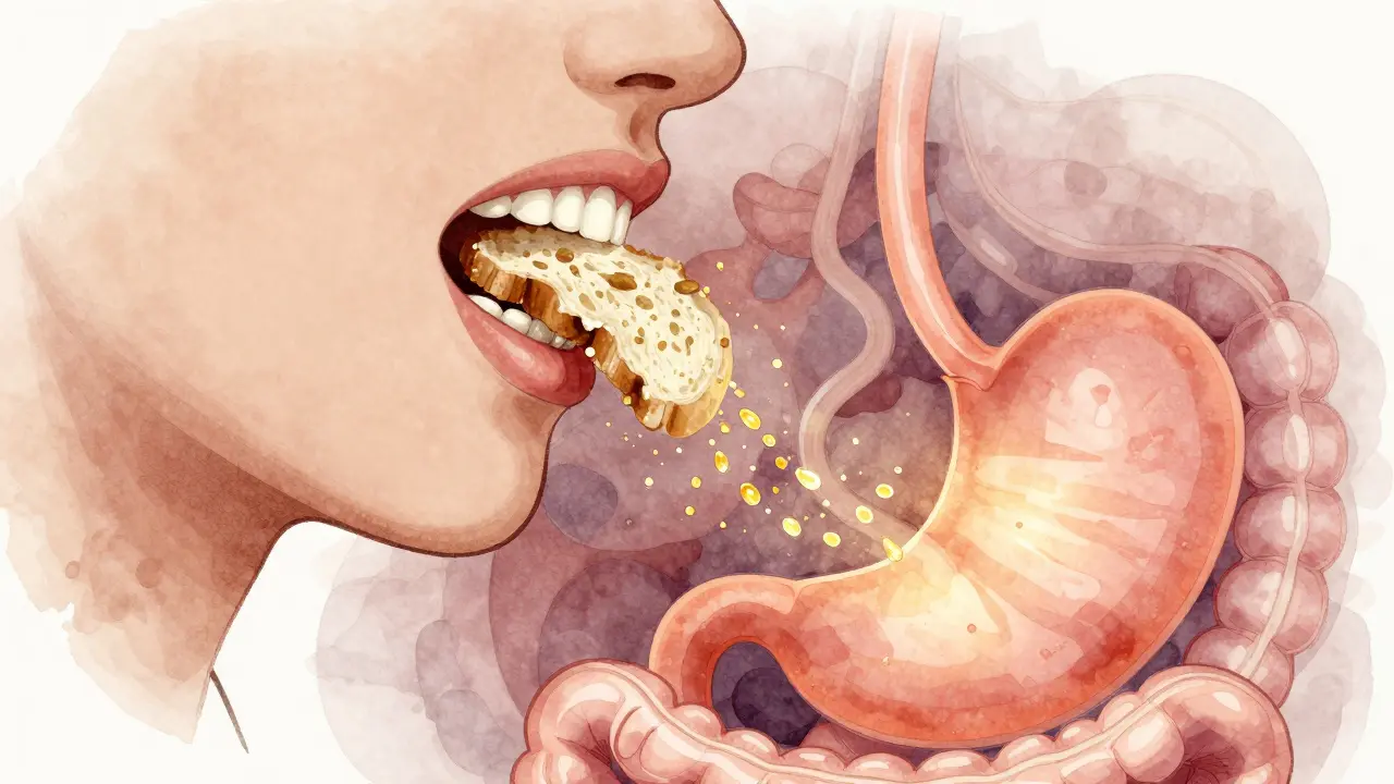 Ilustrace slin a enzymů působících na jídlo rozdělené předkusem, sestupujících do trávicího traktu.