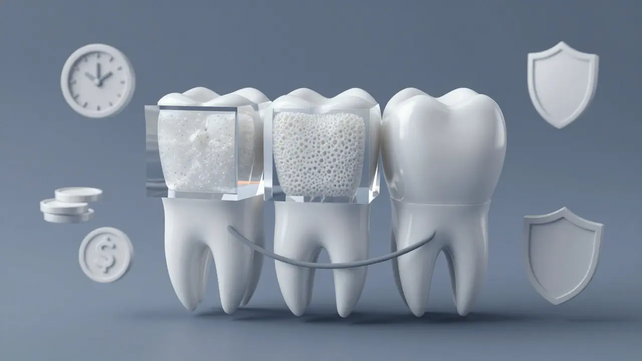 Koncepční zobrazení úsměvu s průhlednými krychlemi ukazujícími vnitřní strukturu různých materiálů zubních fazet.