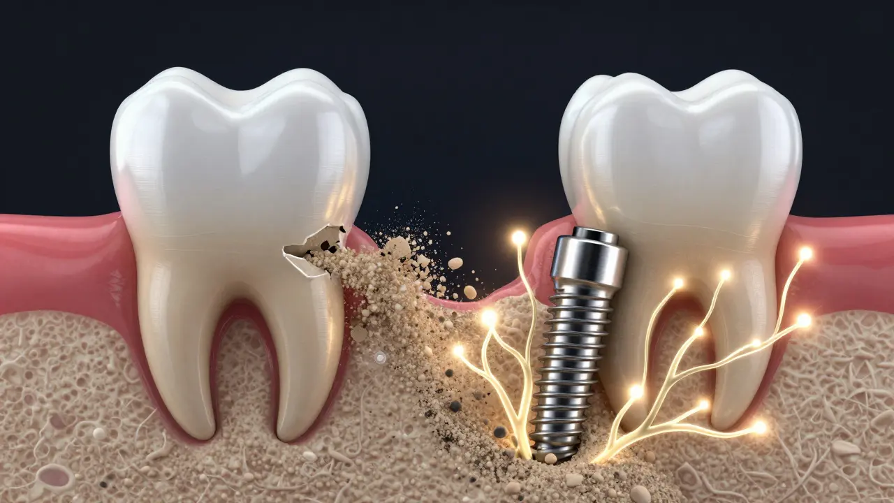 Konceptuální obrázek: ztracený zub se mění v implantát s korunkou.