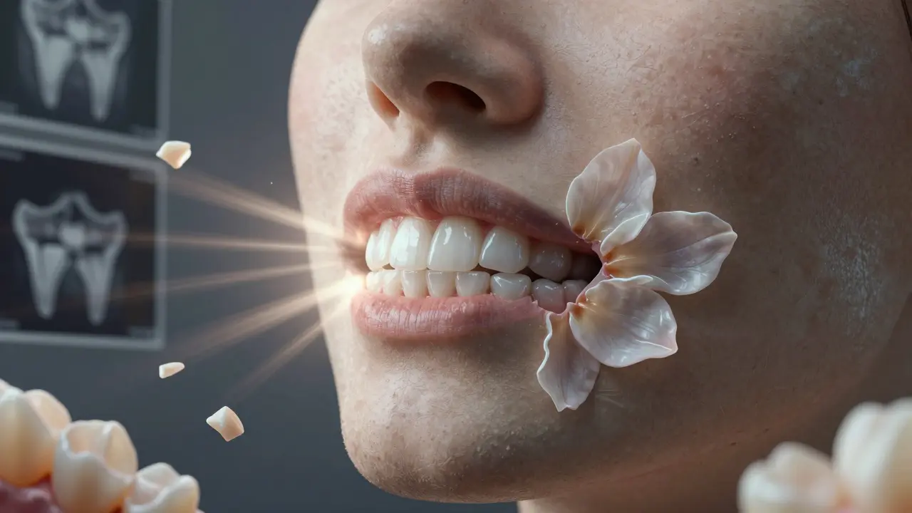 Lidská tvář postupně vznikající z keramické desky, kde fazety přirozeně přecházejí do vlastních zubů.