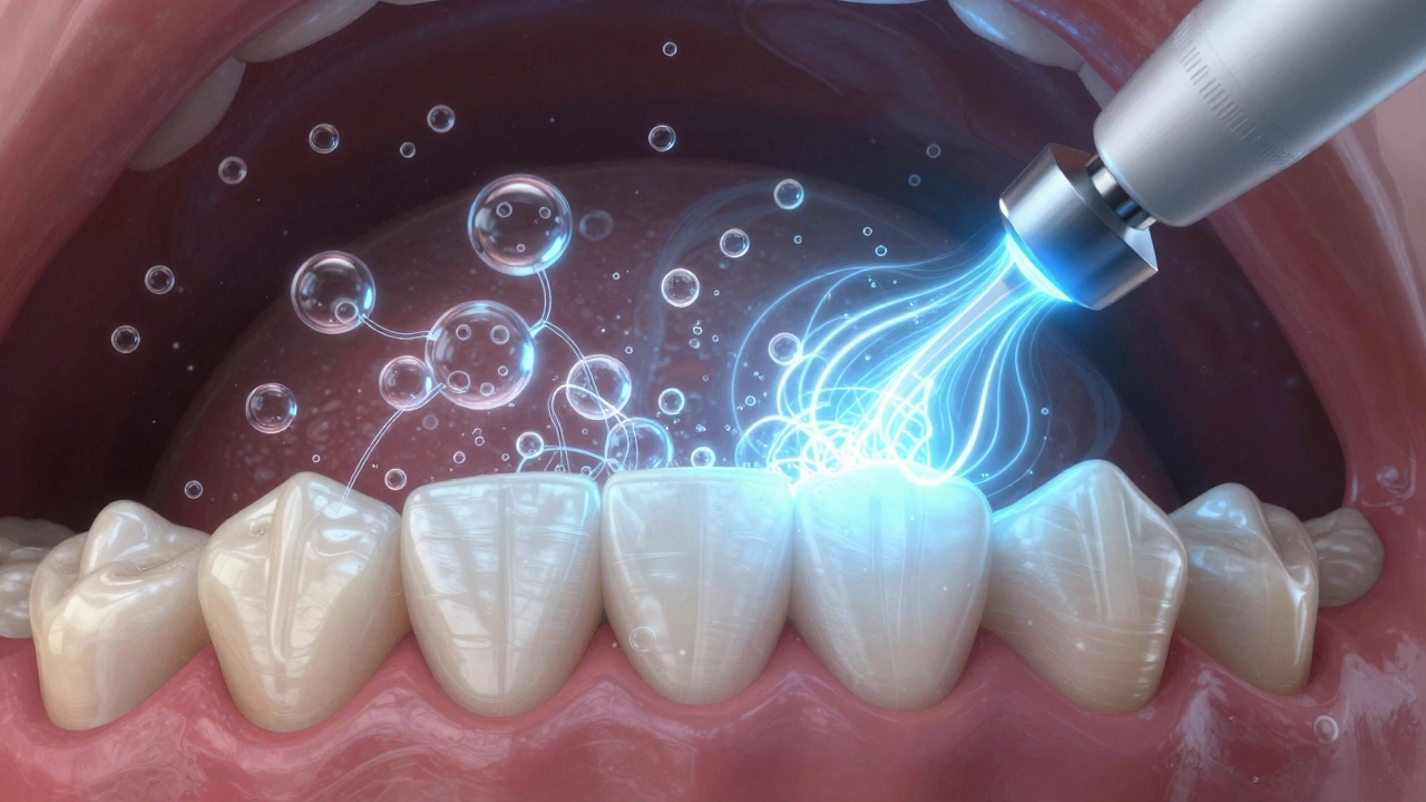 Mikroskopický pohled na bublinky praskající pod dásněmi a na zubech, odstraňující plak bez fyzického tření.