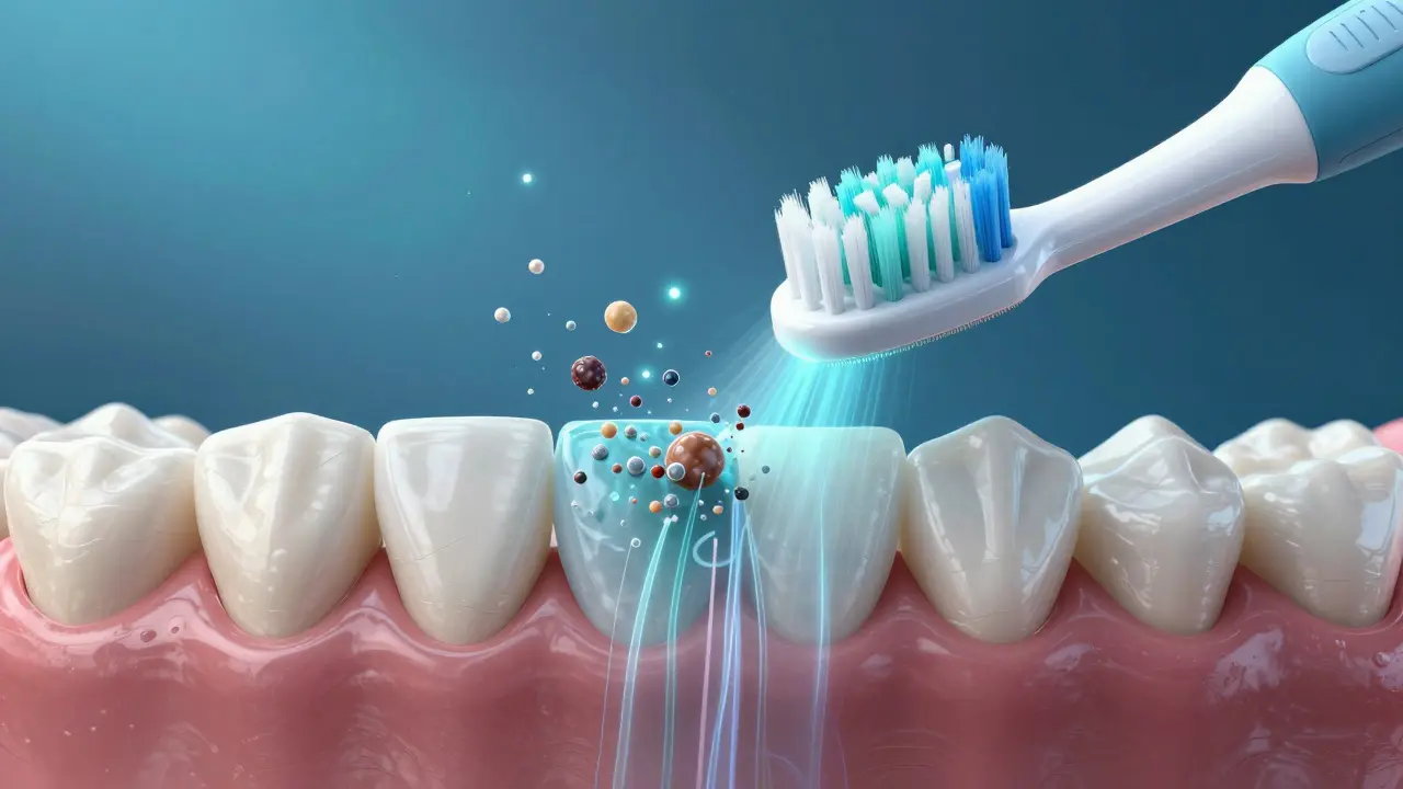 Mikroskopický pohled na zvukové vlny rozkládající plak mezi zuby a pod dásněmi.