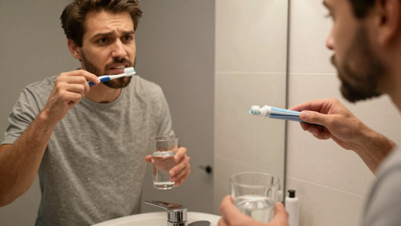 Muž čistí zuby fluoridovou pastou a pije vodu po cigaretě.