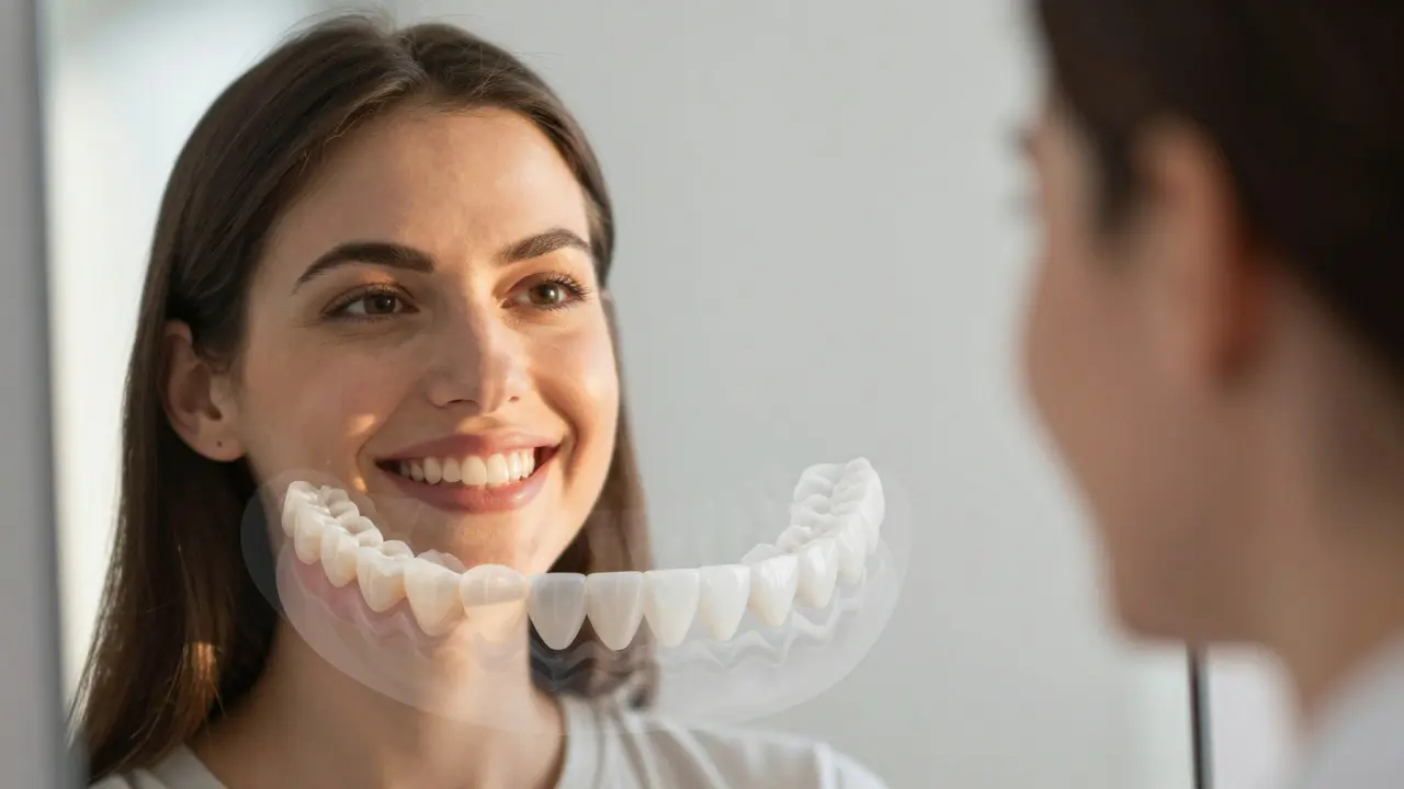 Pacient se usmívá do zrcadla, kde pod povrchem vidíme dokonale vyrobené keramické zuby.