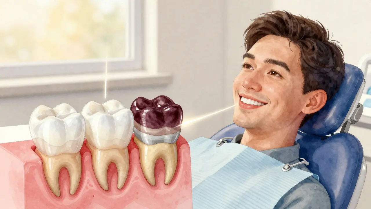 Pacient se usmívá v zubní klinice, s průhlednými vrstvami různých materiálů fazet na zubech, vytvářejícími estetický kontrast.