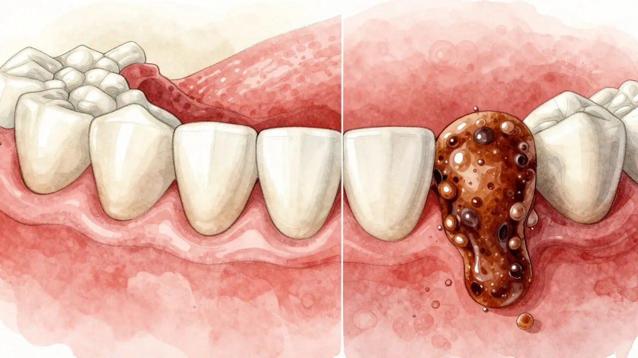 Porovnání měkkého zubního plaku a zatvrzeného zubního kamene na zubech.