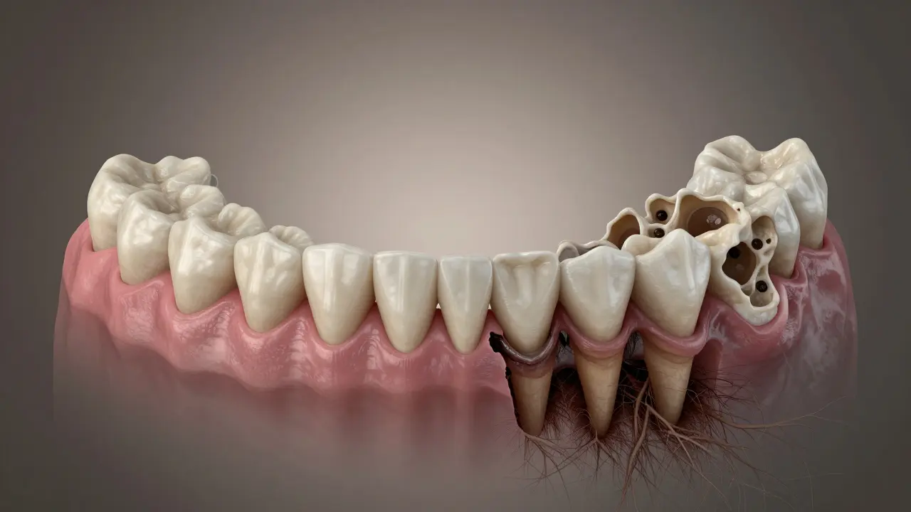 Porovnání zdravé a poškozené kosti čelisti s zuby a dásněmi v jedné scéně.