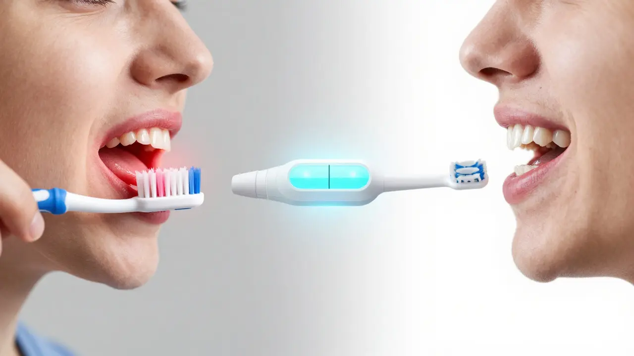 Porovnání zdravých a nezdravých dásní s ručním a sonickým kartáčkem v časové osě.