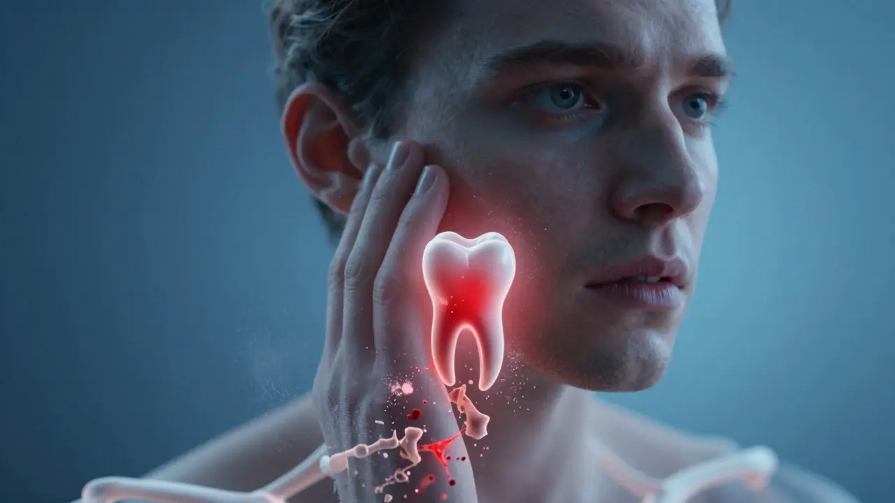 Přechodný pohled do čelisti: infekce se šíří z jednoho zubu, zatímco kost pomalu zaniká.