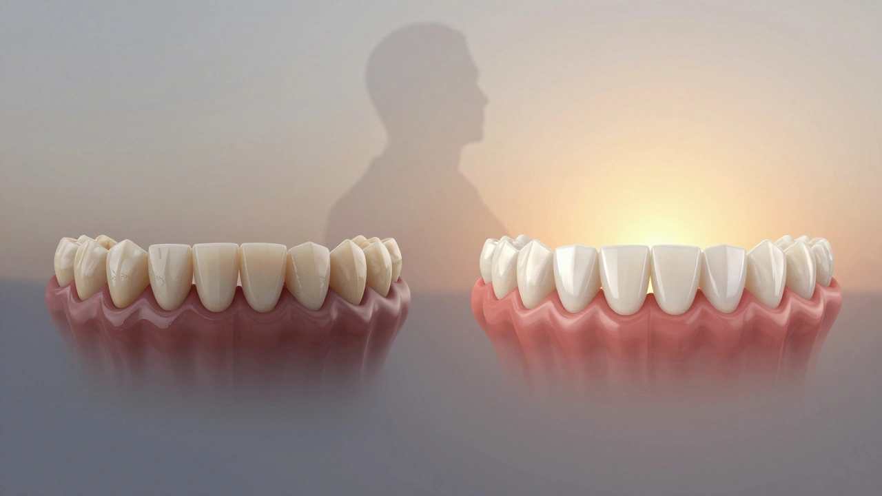 Před a po: poškozené zuby vlevo, dokonalé veneery vpravo s přirozeným leskem.