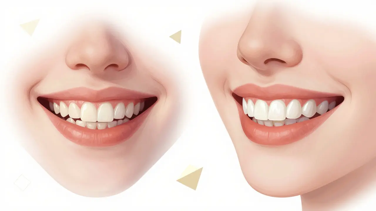 Před a po: šedivý úsměv přechází v dokonalý, bílý a rovnoměrný úsměv s keramickými fazetami.