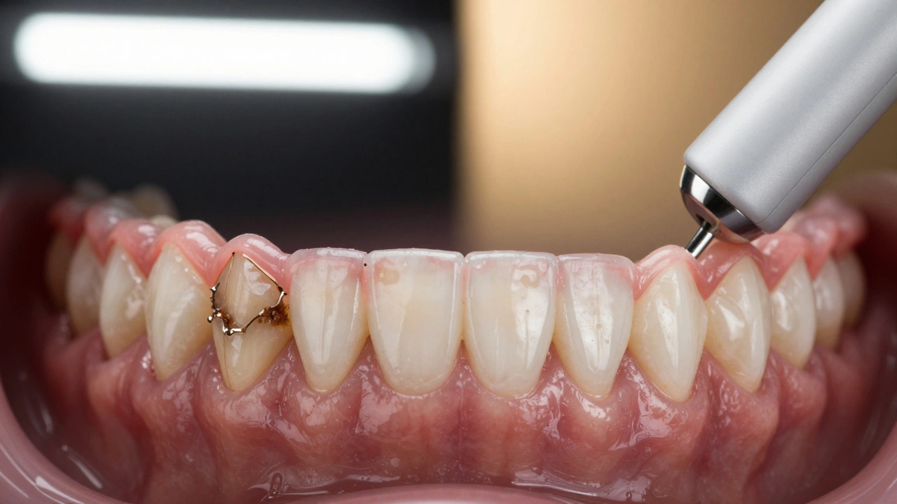 Před a po: zubní kámen a zánět dásní na levé straně, čisté zuby a zdravé dásně na pravé straně s ultrazvukovým čističem.