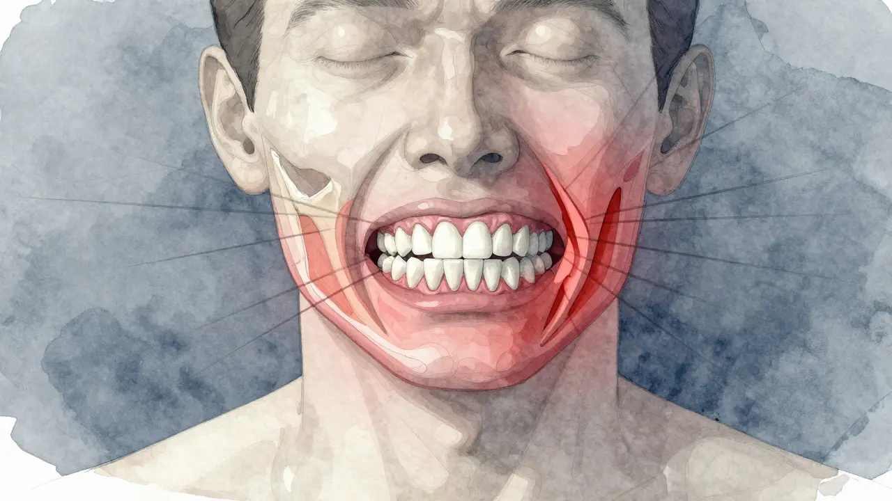 Příčný řez čelistního kloubu s napětím rozšiřujícím se do krku a hlavy