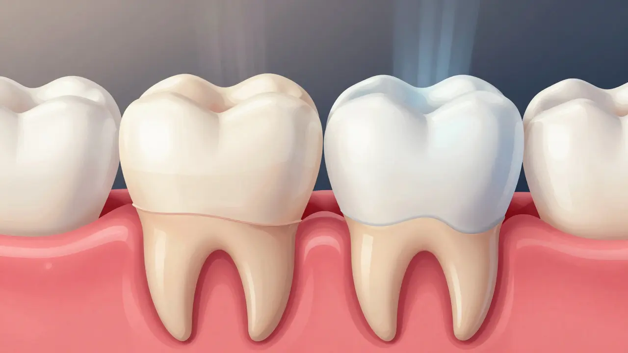 Příčný řez zubu ukazující uzavřené zubní důlky po broušení.