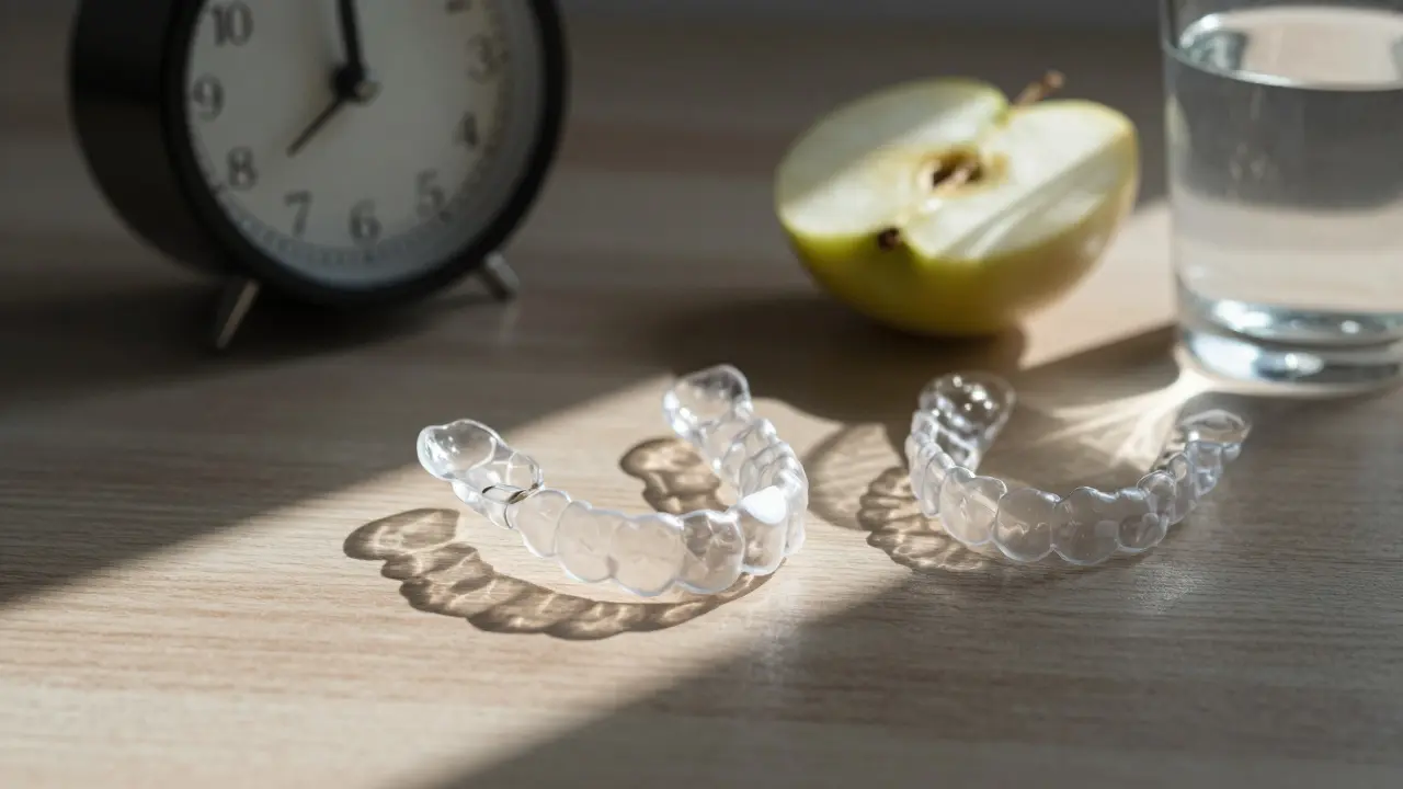 Průhledné ortodontické fólie a retentor na stole s hodinami ukazujícími 3:00