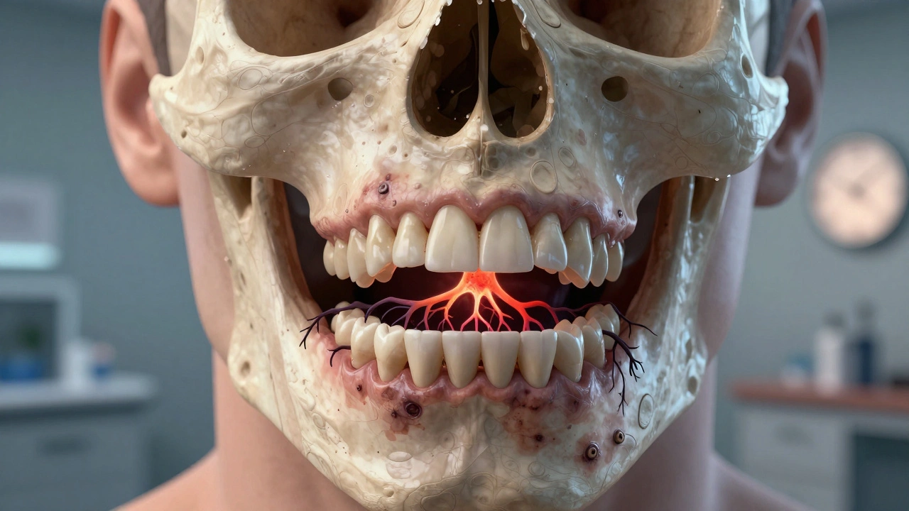 Průřez čelistí s nádorem, který ničí kost, a nezahojujícími rány na dásních.