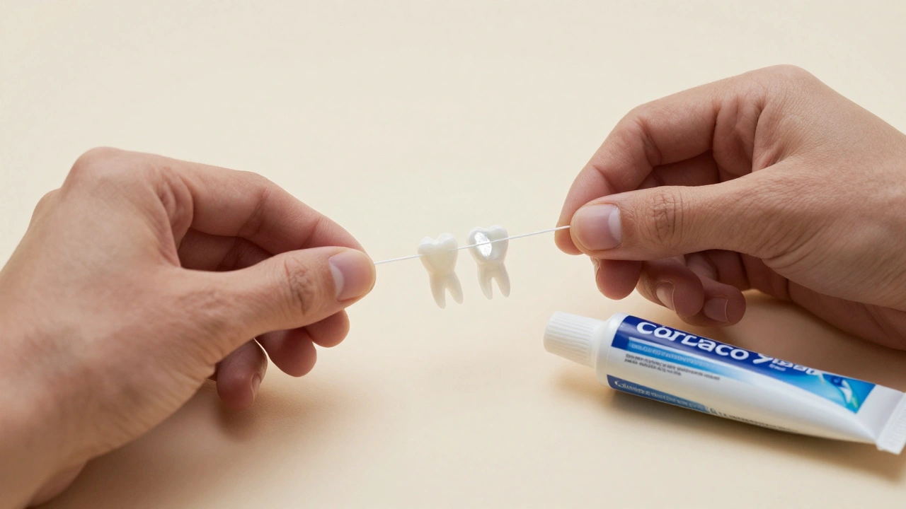 Ruce používají zubní nit mezi zuby s viditelným plakem