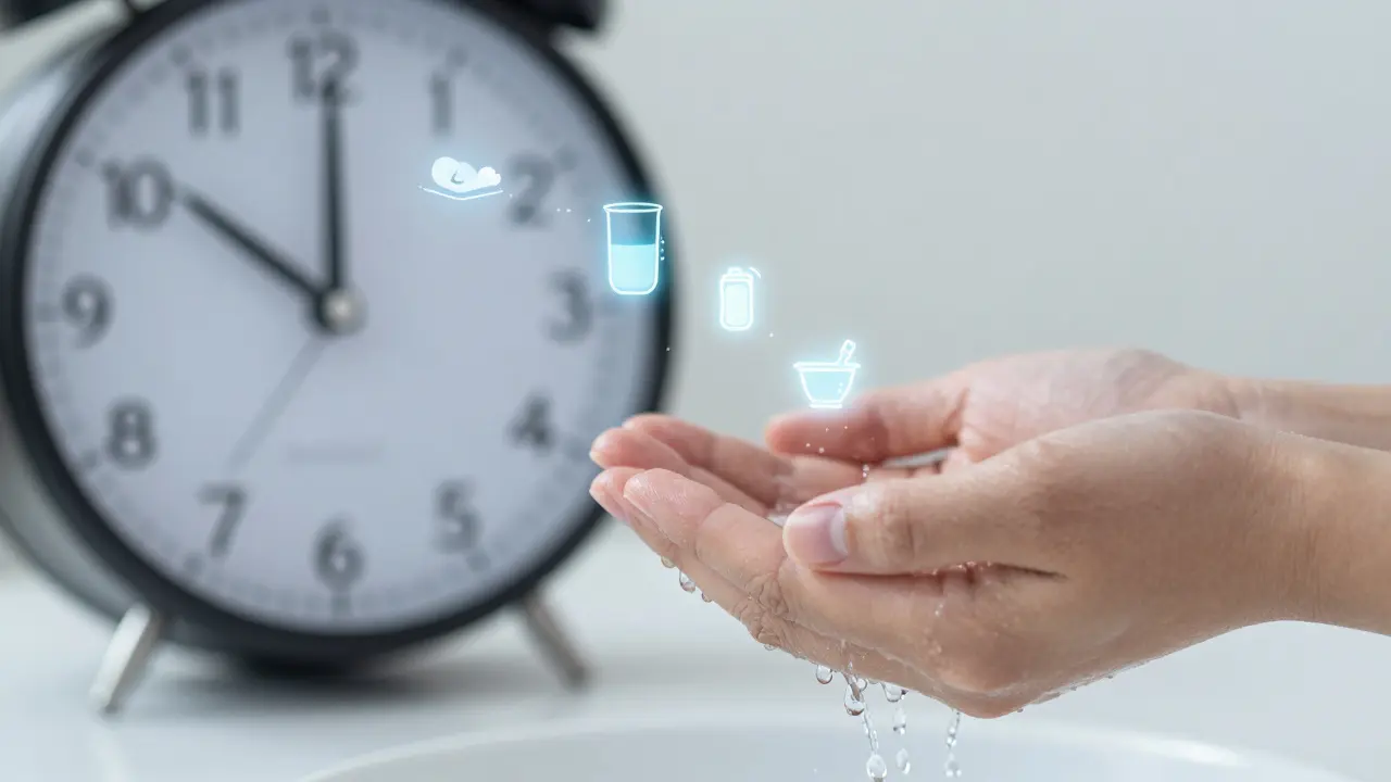 Ruka pláchnutí solným roztokem, s významnými prvky hojení v pozadí.