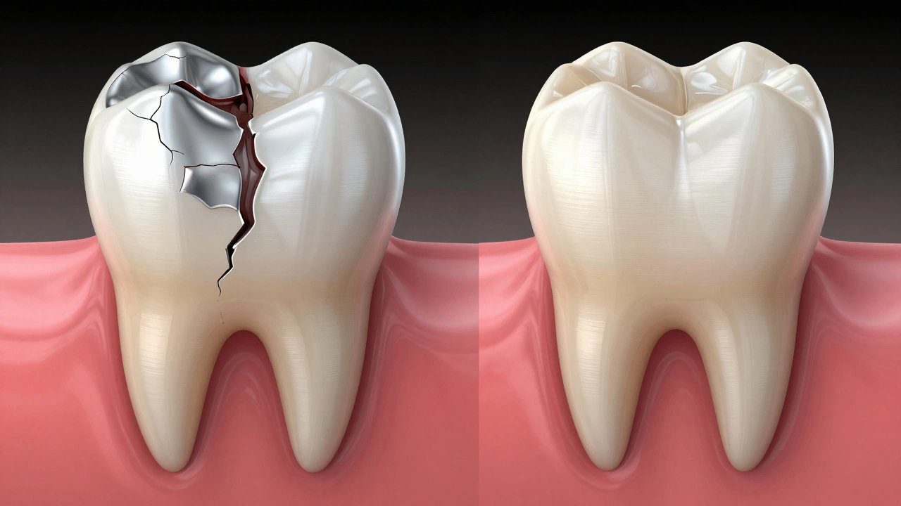 Side-by-side comparison of a decayed tooth with old amalgam and a restored tooth with natural composite filling.