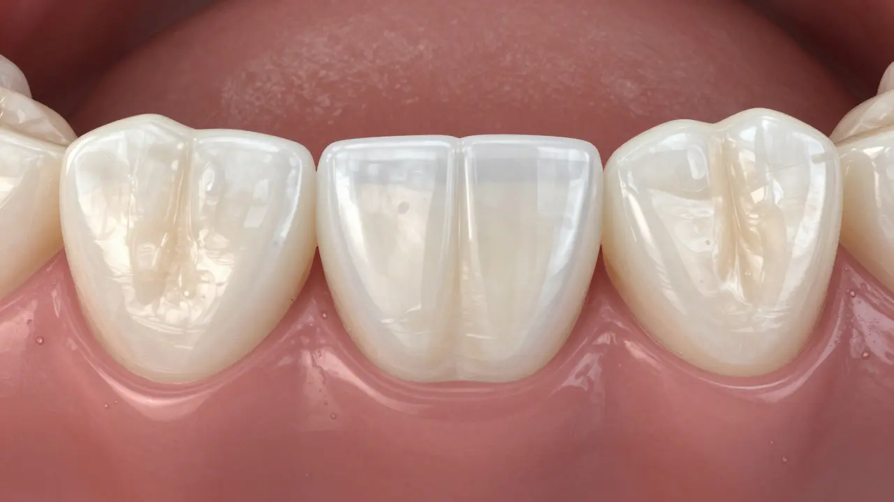 Tři typy keramických korunek vedle sebe: zirkon, LiSiO2 a hybrid, s různou průhledností a odrazem světla.