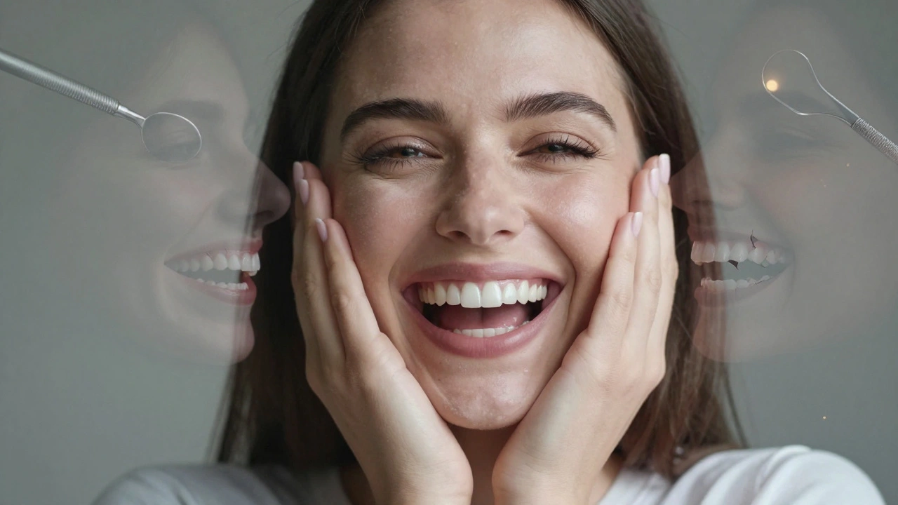 Žena se směje, její úsměv s veneery je doprovázen přechodnými obrazovými symboly dřívějších problémů se zuby.