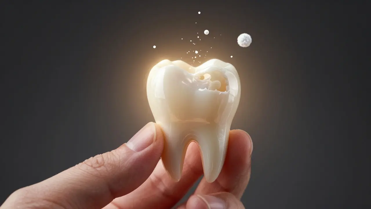 Zub s hladkým povrchem září světlem, symbolizujícím zmírnění citlivosti.