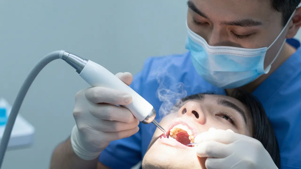 Zubní hygienistka odstraňuje zubní kámen ultrazvukovým přístrojem u pacienta.