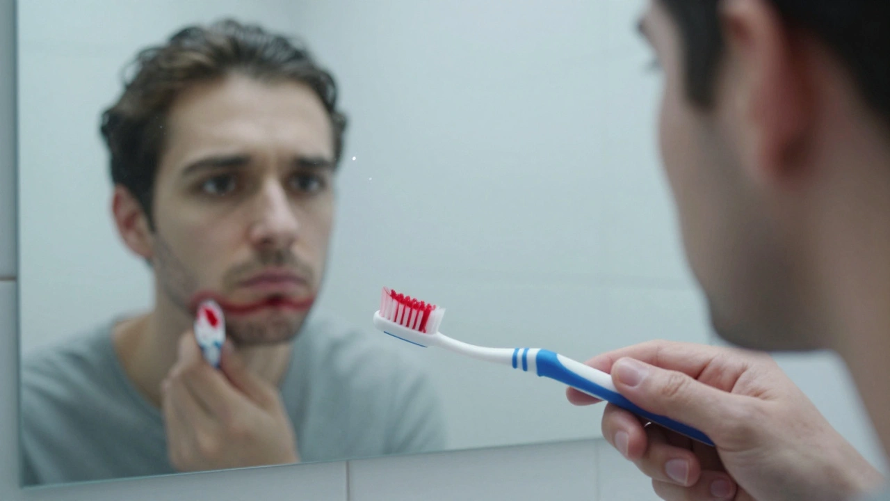 Zubní kartáček s krvavými skvrnami, v zrcadle se objevuje bílá skvrna na dásni.