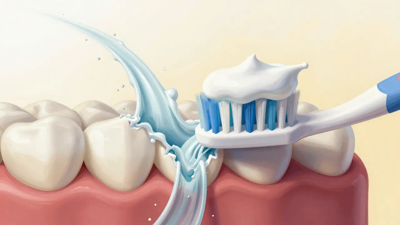 Zubní kartáček s pastou, ze které vytékají abrazivní látky škrábající zubní email.