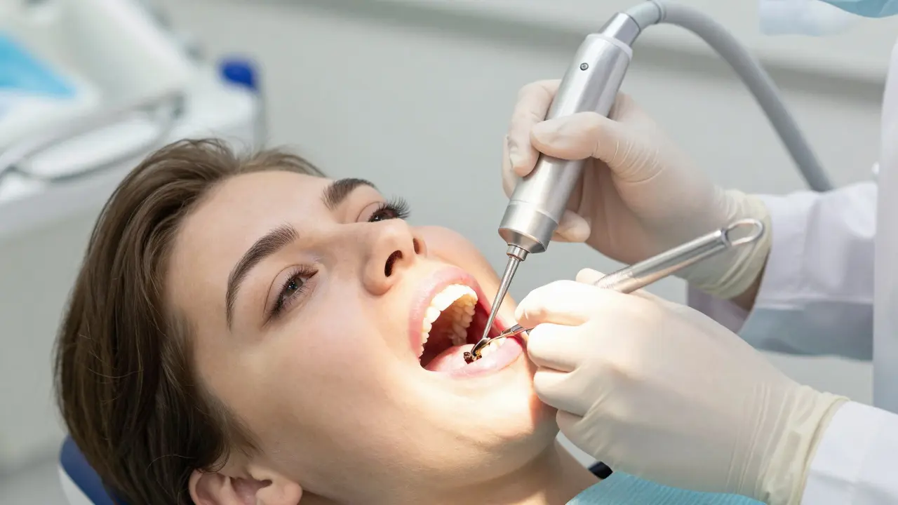 Zubní lékař provádí kyretáž, odstraňuje zubní kámen pod dásní pomocí nástrojů.